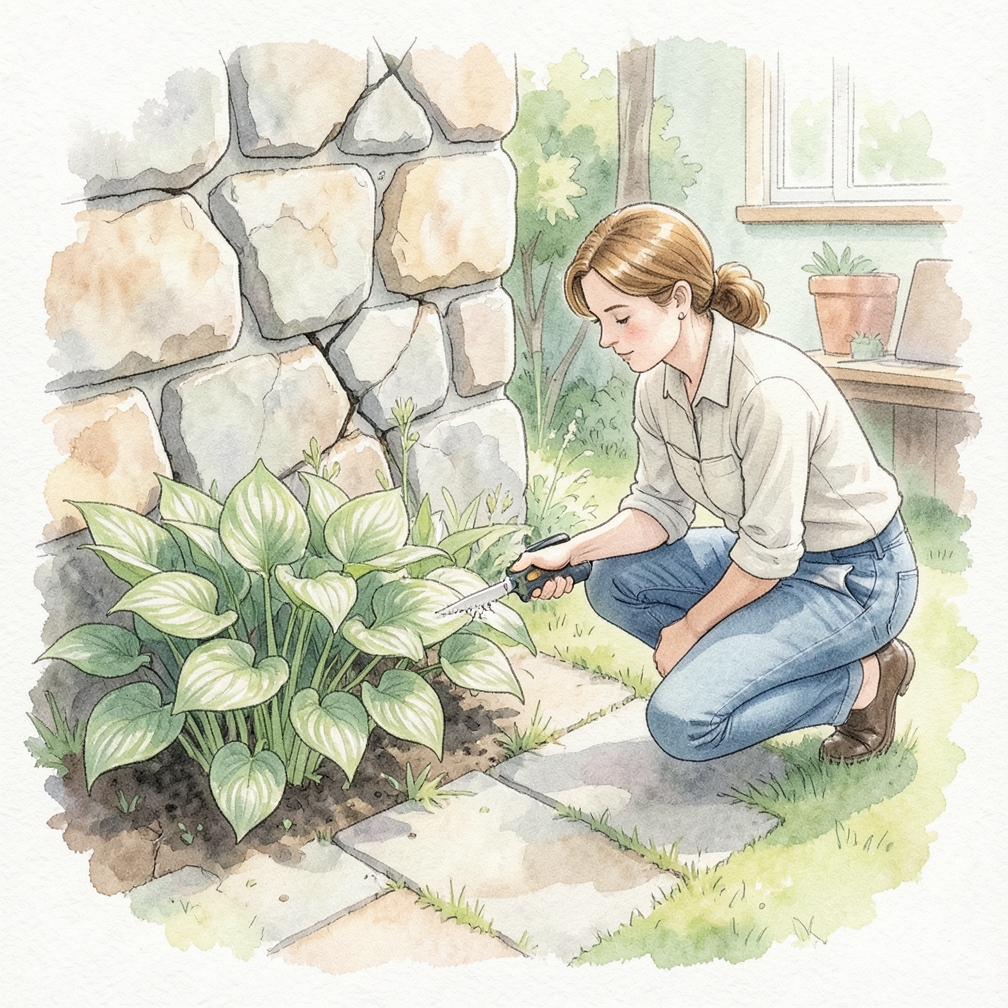 Corta las hojas de las hostas con herramientas adecuadas.