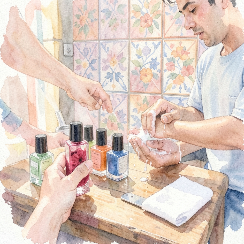 Enjuagar las uñas con agua tibia para eliminar la solución
