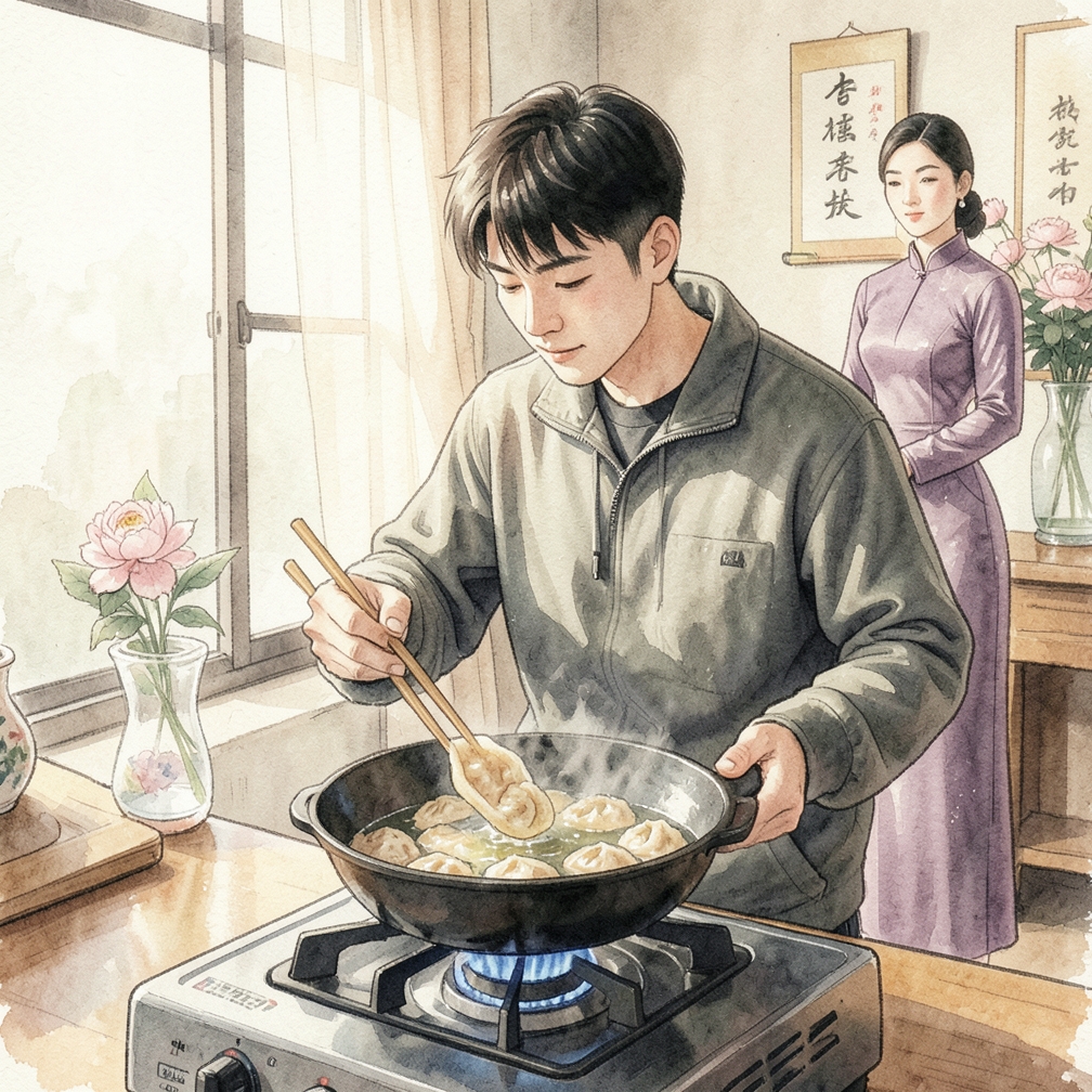 煎製餃子至金黃色