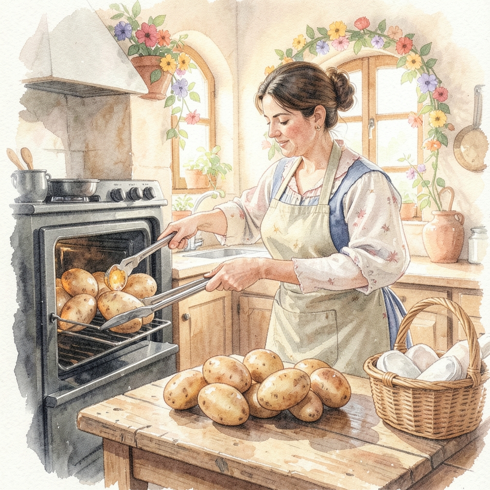 Retire las patatas del horno y deje que se enfríen durante 3 minutos